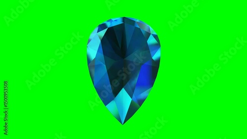 blue pear shaped brilliant cut diamond rotating on green background. Seamless loop 3d animation