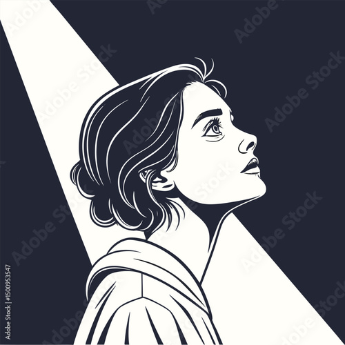 Portrait of a young woman, shot in shadows, with a vertical beam of light projected onto her eye
