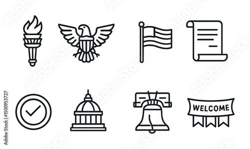 American symbols icons set featuring torch, eagle, flag, and liberty bell
