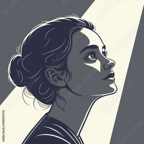 Portrait of a young woman, shot in shadows, with a vertical beam of light projected onto her eye