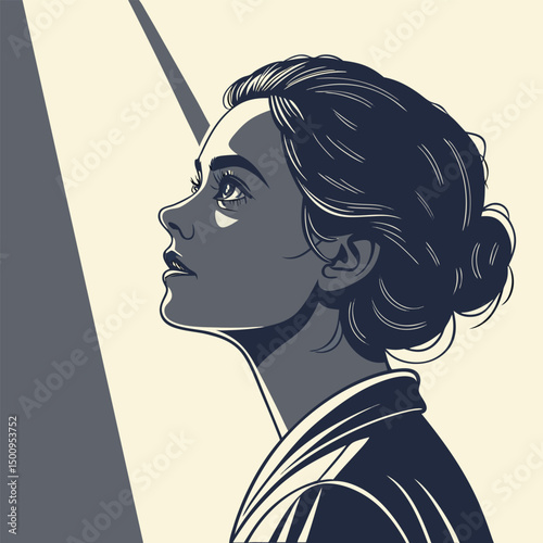Portrait of a young woman, shot in shadows, with a vertical beam of light projected onto her eye