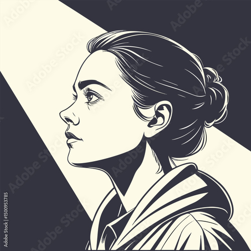 Portrait of a young woman, shot in shadows, with a vertical beam of light projected onto her eye