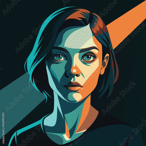 Portrait of a young woman, shot in shadows, with a vertical beam of light projected onto her eye