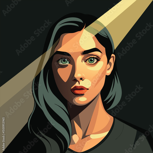 Portrait of a young woman, shot in shadows, with a vertical beam of light projected onto her eye