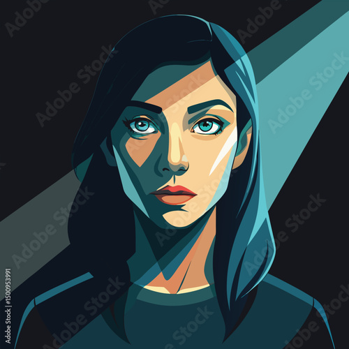 Portrait of a young woman, shot in shadows, with a vertical beam of light projected onto her eye