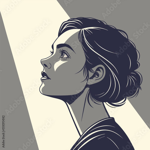 Portrait of a young woman, shot in shadows, with a vertical beam of light projected onto her eye