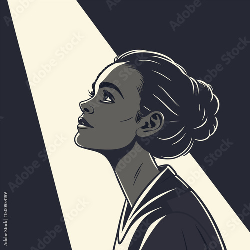 Portrait of a young woman, shot in shadows, with a vertical beam of light projected onto her eye