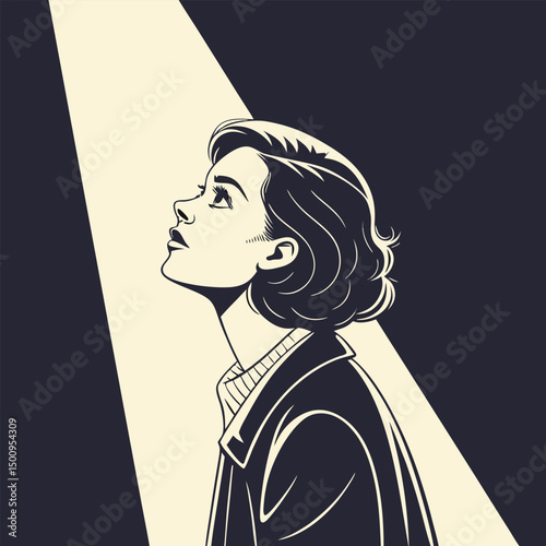 Portrait of a young woman, shot in shadows, with a vertical beam of light projected onto her eye
