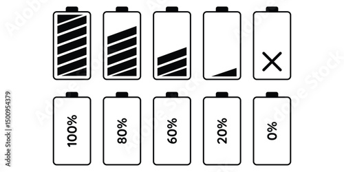 Battery percentage level charge indicator flat design icon set vector illustration for digital interface mobile device and energy display.