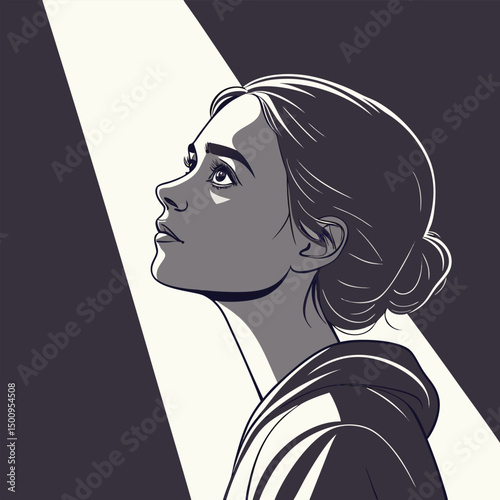 Portrait of a young woman, shot in shadows, with a vertical beam of light projected onto her eye