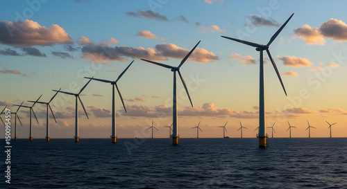 Wind turbines creating renewable energy in a vast ocean. They harness the power of the wind. They are a testament to sustainable living
