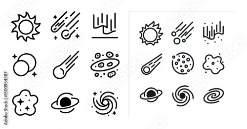 Space and astronomy icons set – outline, celestial objects and cosmic symbols
