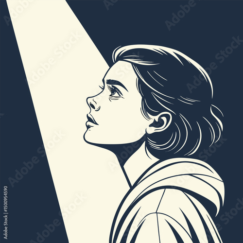 Portrait of a young woman, shot in shadows, with a vertical beam of light projected onto her eye