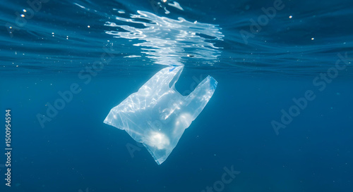 A plastic bag floats in the clear ocean water, symbolizing pollution and environmental concerns. The image underscores the urgent need for responsible waste management and plastic reduction.