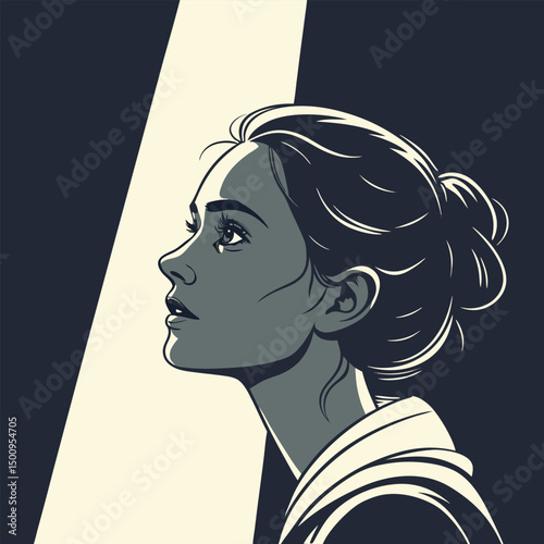 Portrait of a young woman, shot in shadows, with a vertical beam of light projected onto her eye