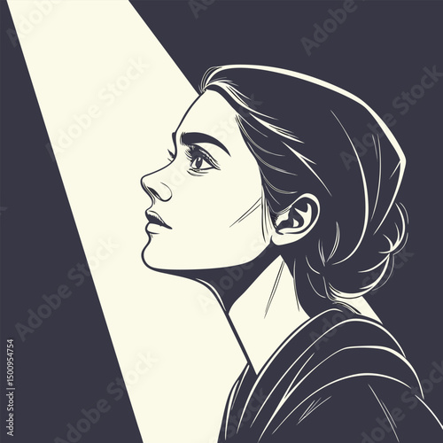 Portrait of a young woman, shot in shadows, with a vertical beam of light projected onto her eye