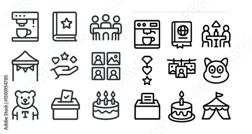 Event and celebration outline icons set – silhouette, linear, party symbols
