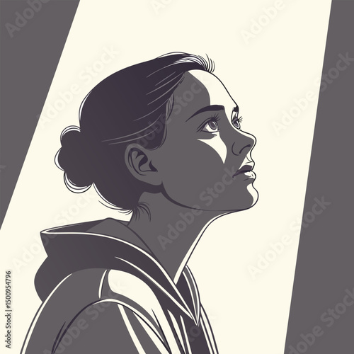 Portrait of a young woman, shot in shadows, with a vertical beam of light projected onto her eye
