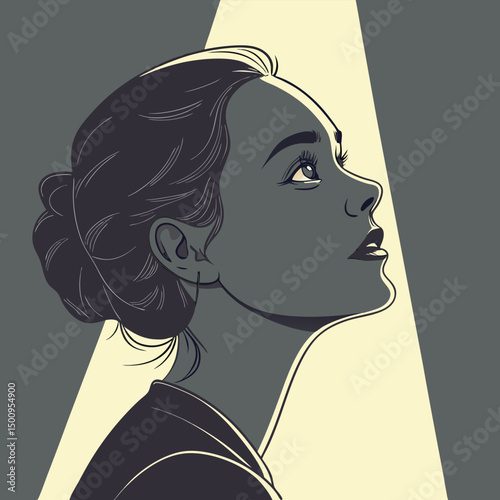 Portrait of a young woman, shot in shadows, with a vertical beam of light projected onto her eye