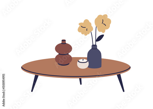 Coffee table with flower vase and candle, cozy home interior decoration. Small wooden rounded furniture in modern retro scandinavian style. Flat vector illustration isolated on white background