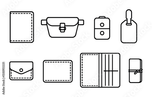 Travel essentials outline icons for bags, luggage, and wallets