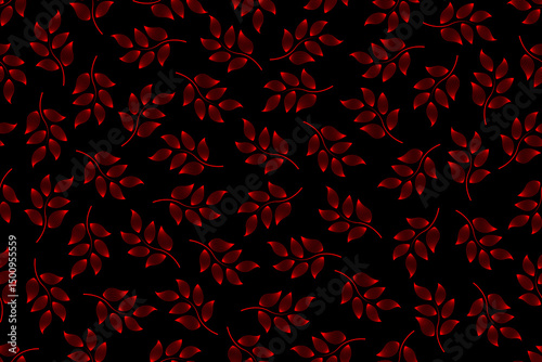 Abstract seamless pattern design of stylized leaves in red outlines on a black background, can be used for background, textiles, wrapping paper and other decorative purposes.