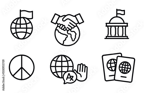 Global unity and peace icons for cultural exchange and travel themes
