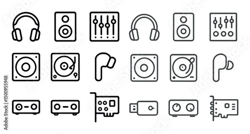 Music and audio line icons set – outline, linear, sound and headphones symbols