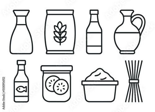 Outline icons of kitchen ingredients and condiments for culinary design projects