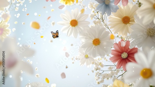 Dreamy Spring Flowers and Butterfly with Soft Bokeh butterfly dreamy soft summer flowers daisies pet