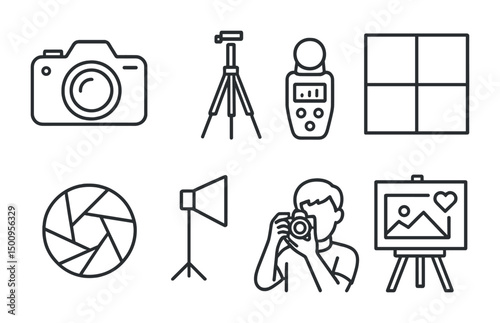 Photography essentials and equipment icons for digital design and creative projects