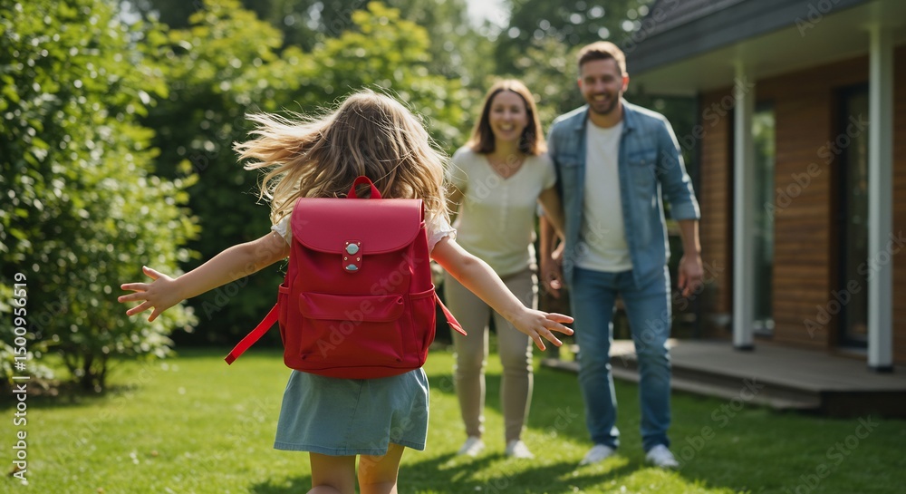 Fototapeta premium Happy little girl running towards her parents after her first day of school, family, home, backyard, summer, childhood, happiness, education