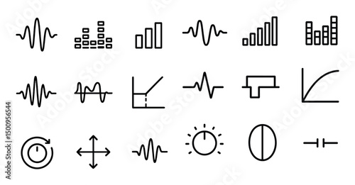 Audio and sound outline icons set – music, waveforms, dj equipment and audio mixing