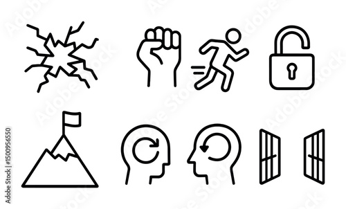 Collection of simple icons on concepts of strength, freedom, and motivation
