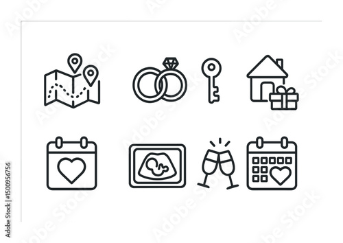 Wedding and honeymoon planning icons for invitations and celebrations