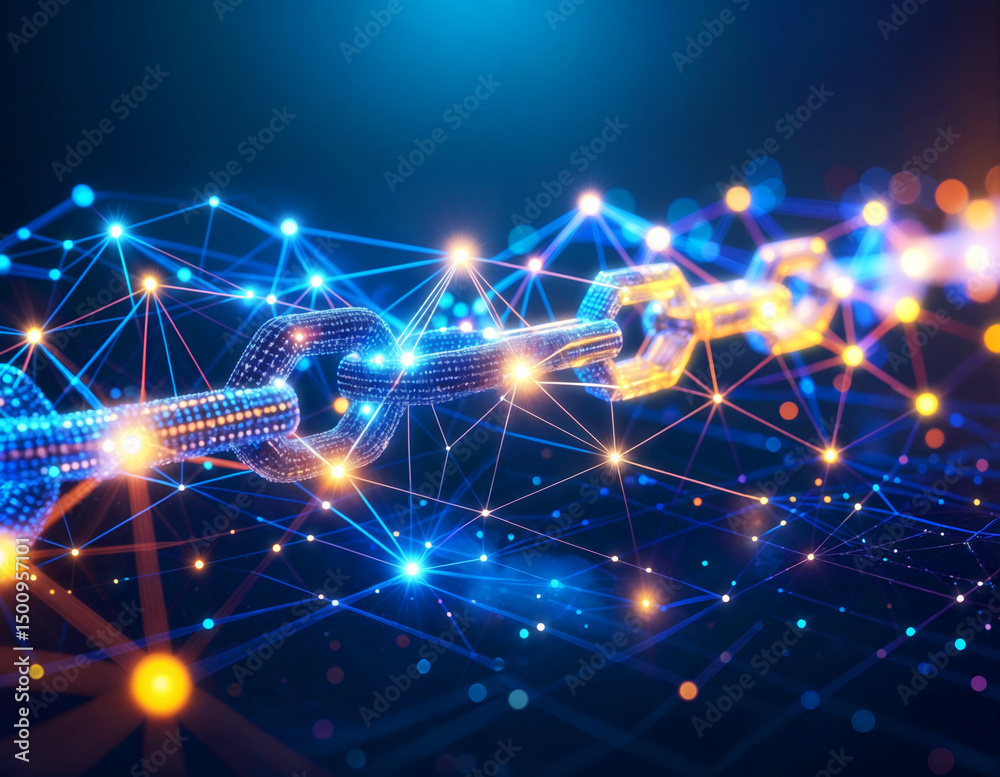Obraz premium Blockchain Connection Technology Depicting Decentralized Network Concept with Interconnected Nodes and Secure Chain Structure