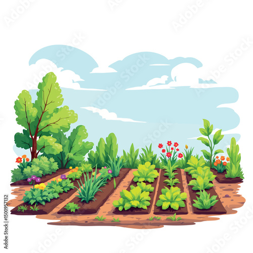Vsai lush vegetable garden growing under blue sky on sunny day