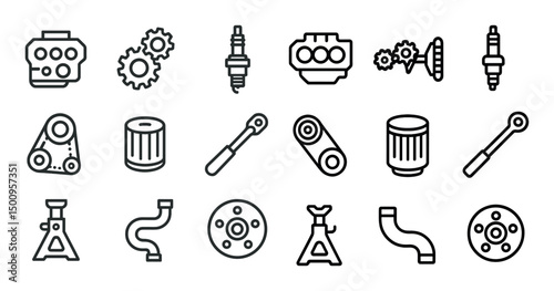 Automotive linear icons set – outline, vehicle, car parts design symbols