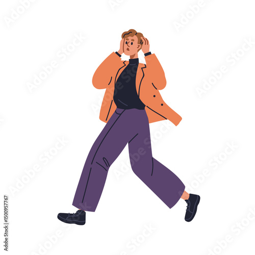 Rushing, hurrying in fear and panic. Frightened person running, leaving, escaping in stress, anxiety, grabbing head. Anxious nervous urgency. Flat vector illustration isolated on white background