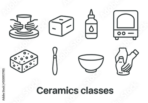 Ceramics class essentials with hands crafting and tools for pottery making