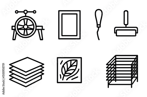 Printmaking tools and equipment icons for creative design projects