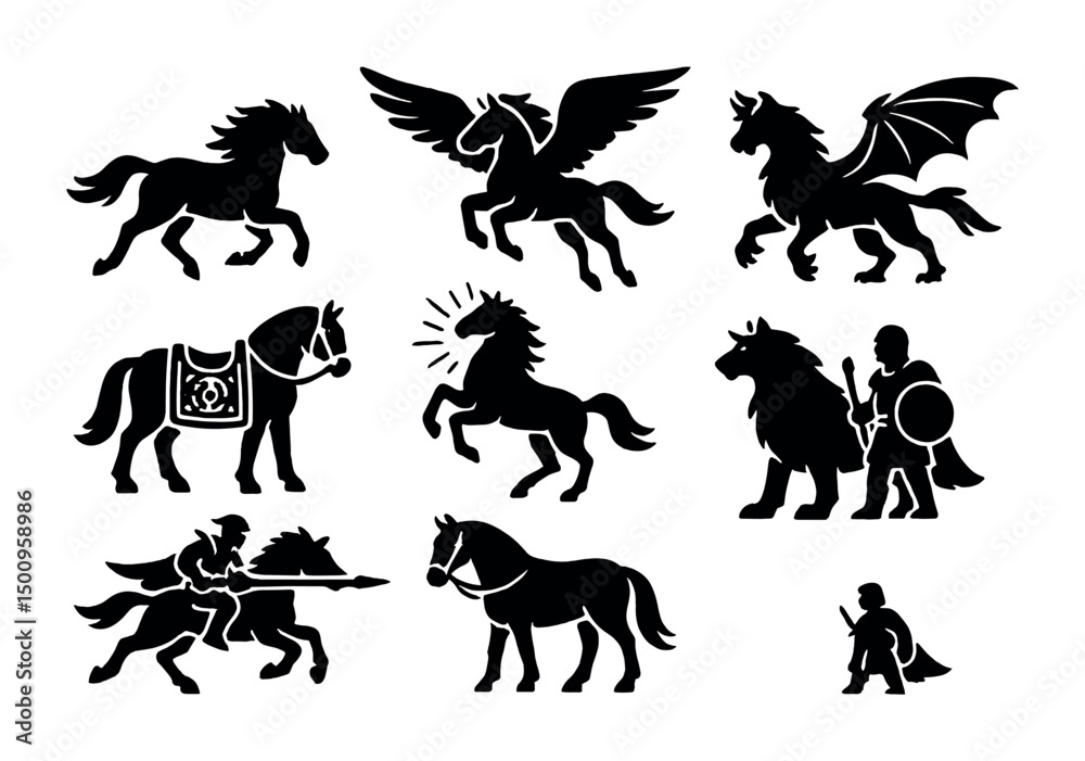 Obraz premium Mythical creatures and medieval warriors silhouette collection for design
