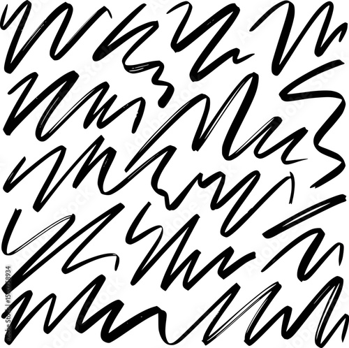 Abstract black brush strokes chaotic ink pattern on white background for graphic design