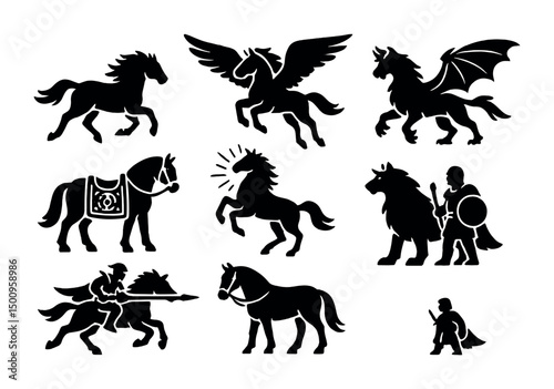 Mythical creatures and medieval warriors silhouette collection for design
