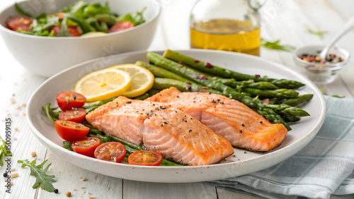 Delicious grilled salmon fillet with fresh vegetables and lemon for a healthy meal