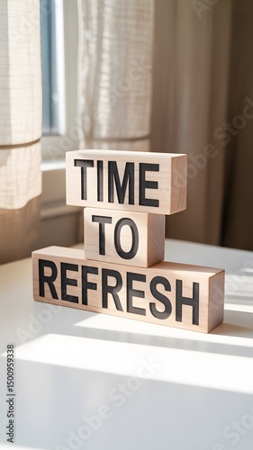Motivational message 'TIME TO REFRESH' on wooden blocks, representing innovation and a new perspective