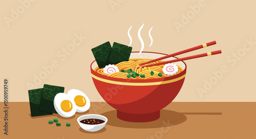 This vibrant illustration showcases a steaming bowl of ramen with various toppings, including seaweed, narutomaki, and scallions, accompanied by a side of soy sauce and boiled eggs.