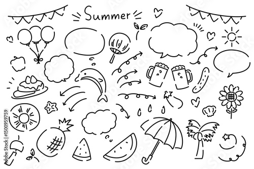 手書き風の可愛い夏素材と吹き出しのセット