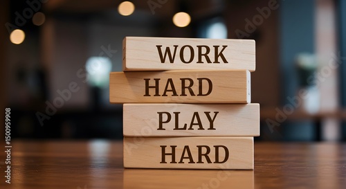 Conceptual image of wooden blocks with the words 'Work Hard Play Hard', ideal for motivation and inspiration