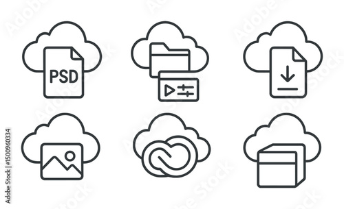 Cloud computing icons set for file management and storage solutions